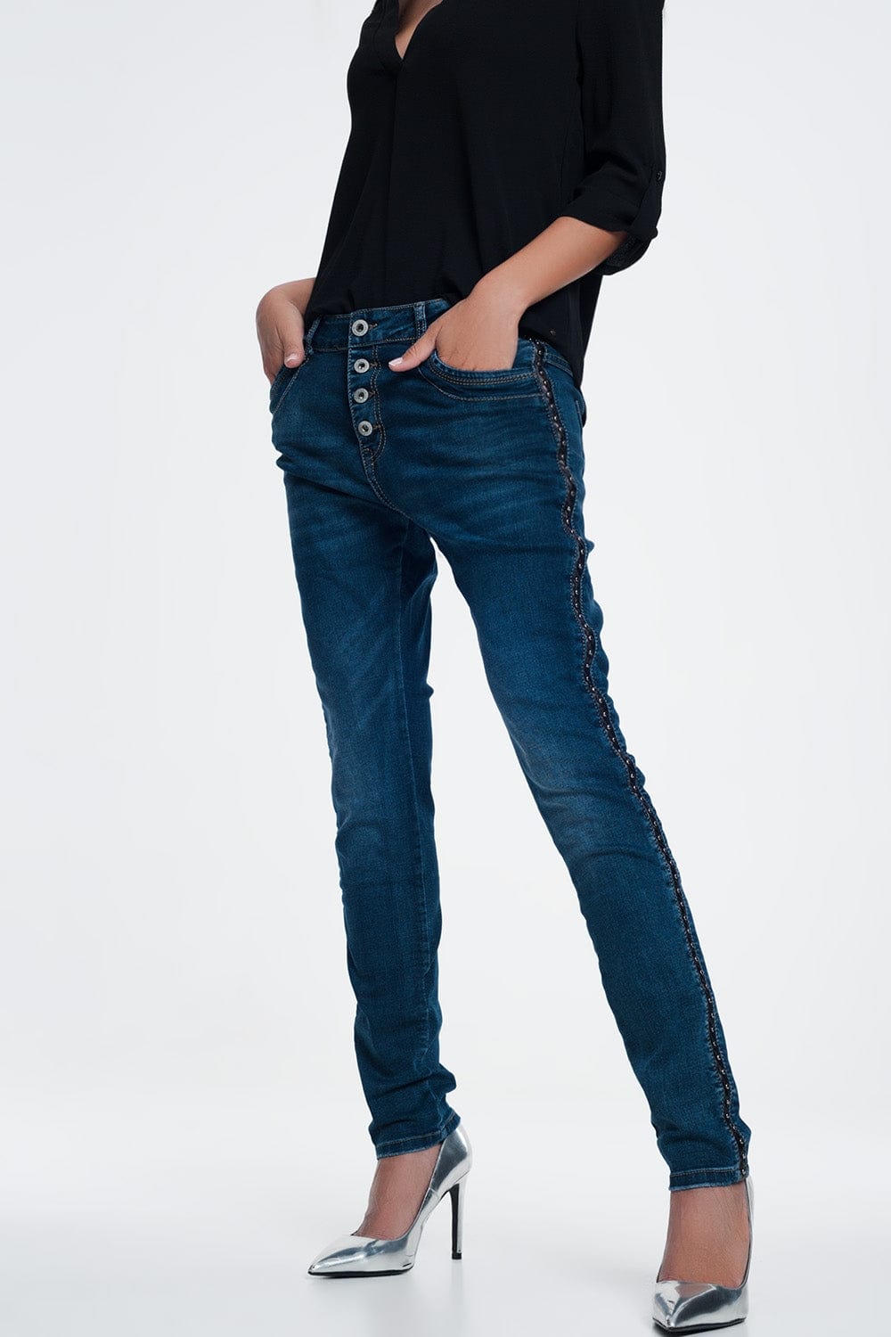 Q2 Women's Jean Leather Look Studded Jeans