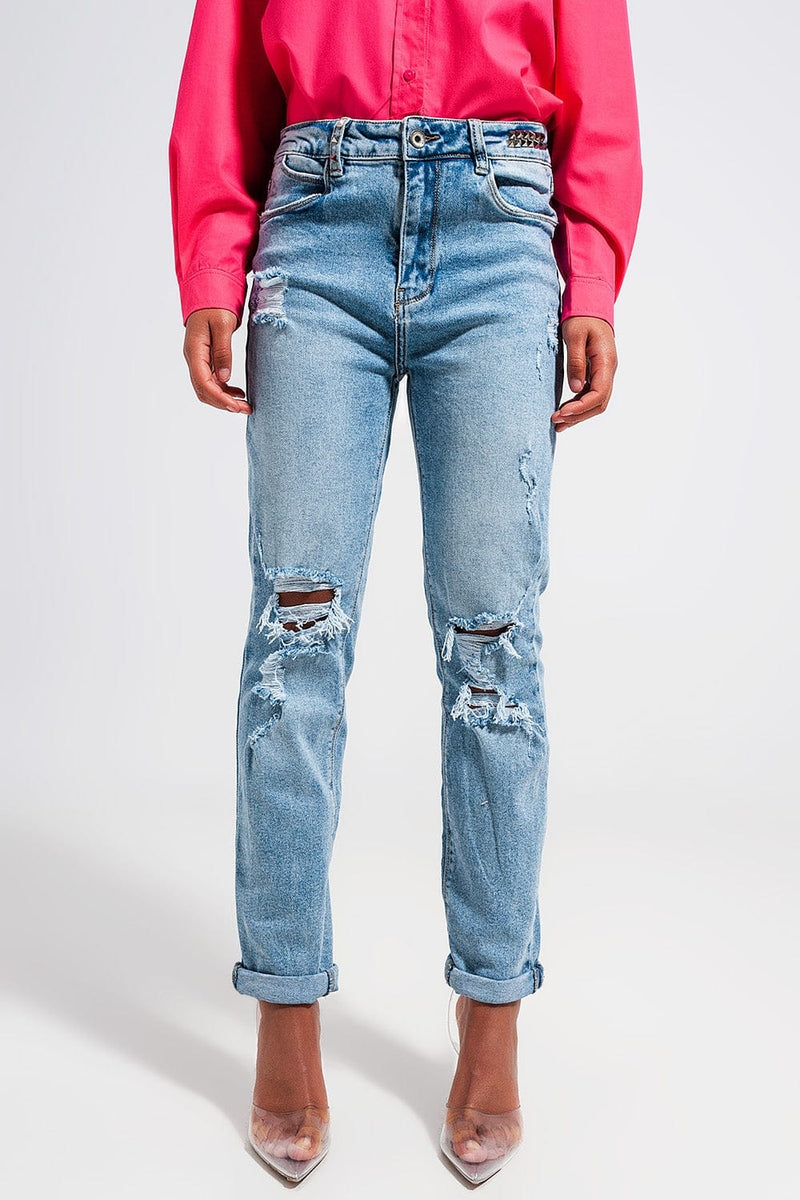 Q2 Women's Jean Light Blue Double Rip Jeans