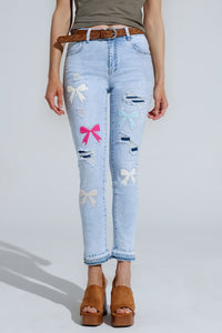 Q2 Women's Jean Light Blue Super Skinny Jeans With Bow Ties And Ripped Holes