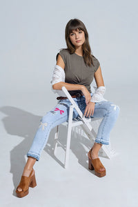 Q2 Women's Jean Light Blue Super Skinny Jeans With Bow Ties And Ripped Holes