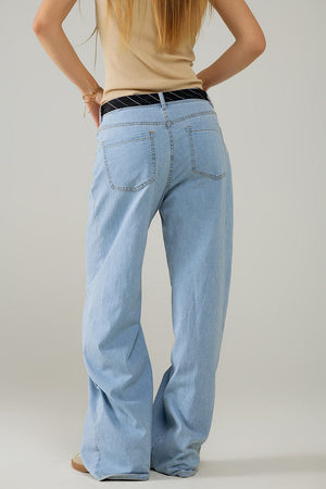 Q2 Women's Jean Light Blue Wide-Leg Jeans With Pleats