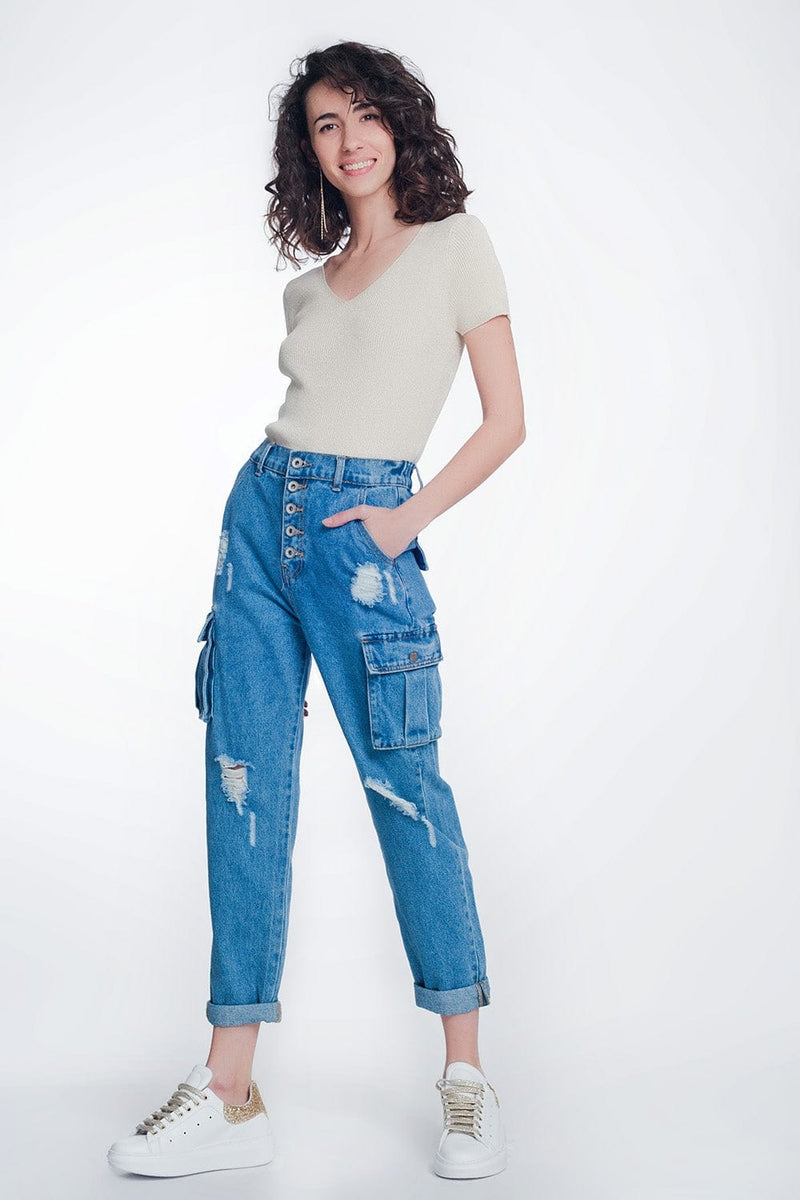 Q2 Women's Jean Light Denim Straight Jeans Ripped with Side Pockets