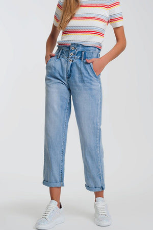 Q2 Women's Jean Light Denim Straight Jeans with Big Waistband Detail