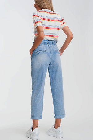 Q2 Women's Jean Light Denim Straight Jeans with Big Waistband Detail