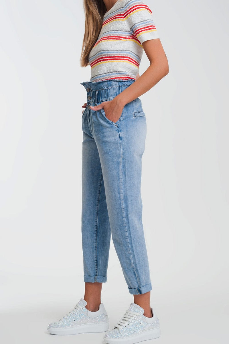 Q2 Women's Jean Light Denim Straight Jeans with Big Waistband Detail