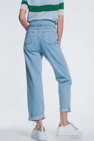 Q2 Women's Jean Light denim straight jeans with folded waist