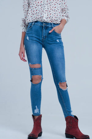 Q2 Women's Jean Light Ripped Skinny Jeans in Blue