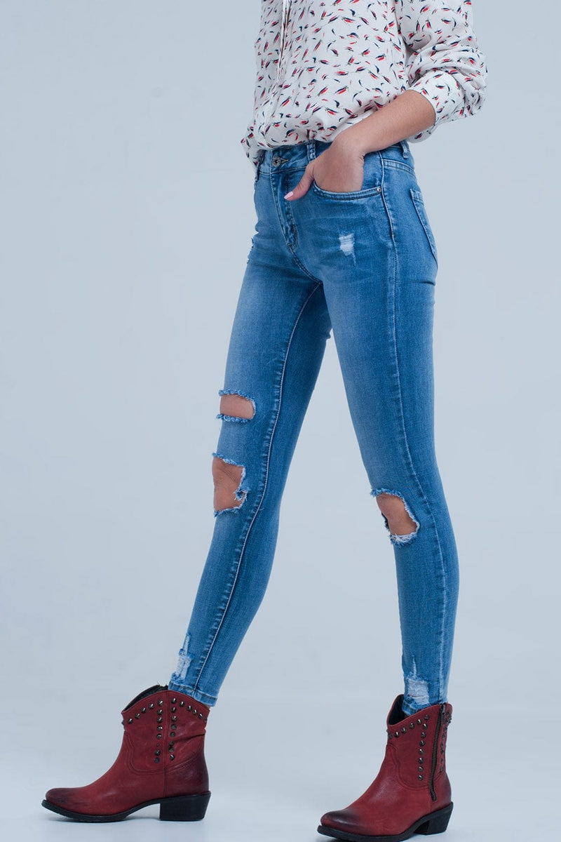 Q2 Women's Jean Light Ripped Skinny Jeans in Blue