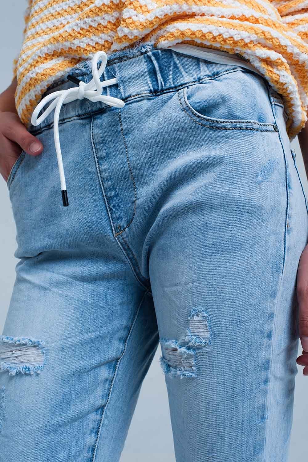 Q2 Women's Jean Light Wash Jogger with Drawstring Waistband