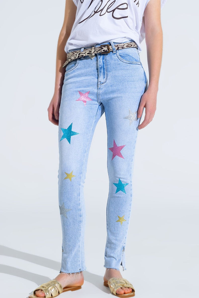 Q2 Women's Jean Light Wash Skinny Jeans With Stars On The Legs