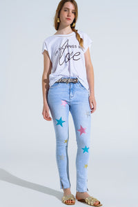 Q2 Women's Jean Light Wash Skinny Jeans With Stars On The Legs