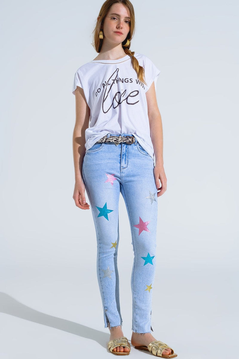 Q2 Women's Jean Light Wash Skinny Jeans With Stars On The Legs