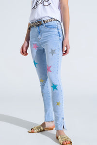 Q2 Women's Jean Light Wash Skinny Jeans With Stars On The Legs