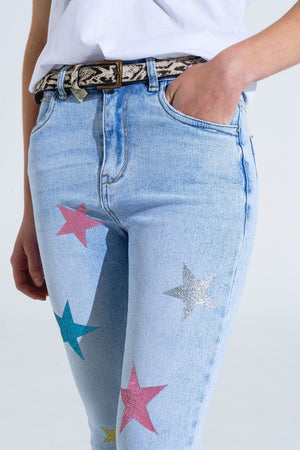 Q2 Women's Jean Light Wash Skinny Jeans With Stars On The Legs