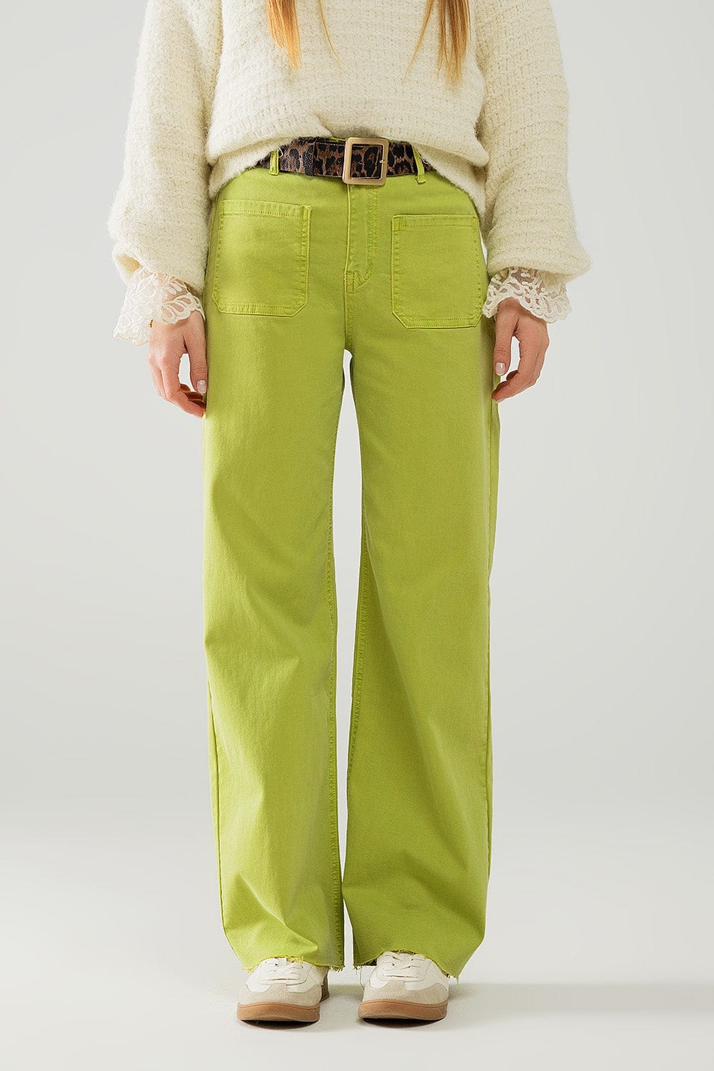 Q2 Women's Jean Lime Green Straight Leg Jeans With Front Pockets