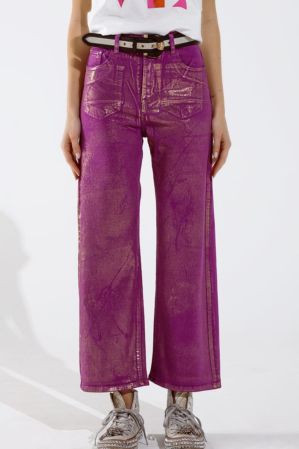 Magenta Wide Leg Jeans With Metallic Finish In Gold Magenta Wide Leg Jeans With Metallic Finish In Gold