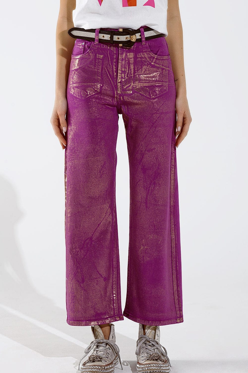 Q2 Women's Jean Magenta Wide Leg Jeans With Metallic Finish In Gold