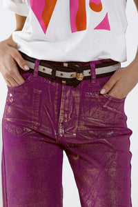 Q2 Women's Jean Magenta Wide Leg Jeans With Metallic Finish In Gold