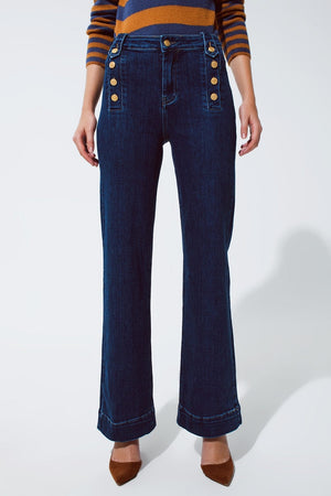 Q2 Women's Jean Marine Flare Jeans With Button Detailing In Mid Wash