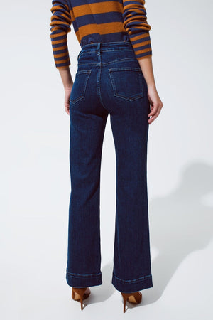 Q2 Women's Jean Marine Flare Jeans With Button Detailing In Mid Wash