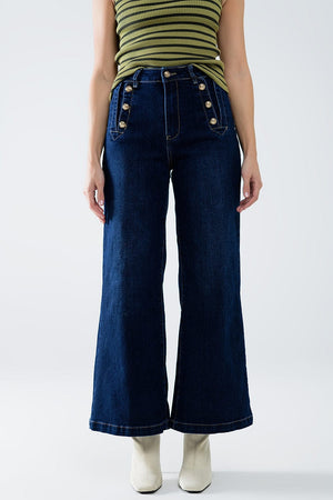 Q2 Women's Jean Marine-Style Wide Leg Jeans With Gold Buttons