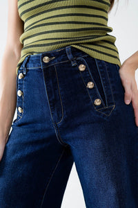 Q2 Women's Jean Marine-Style Wide Leg Jeans With Gold Buttons