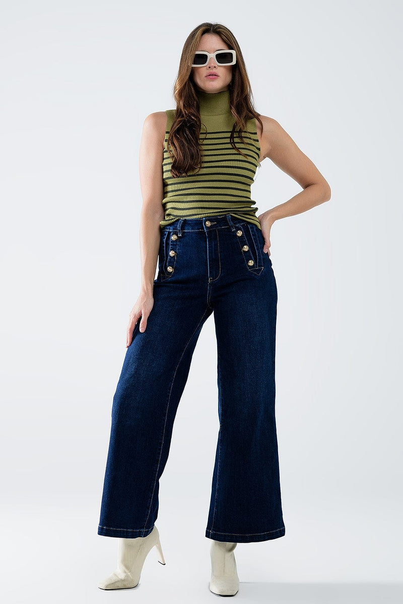 Q2 Women's Jean Marine-Style Wide Leg Jeans With Gold Buttons