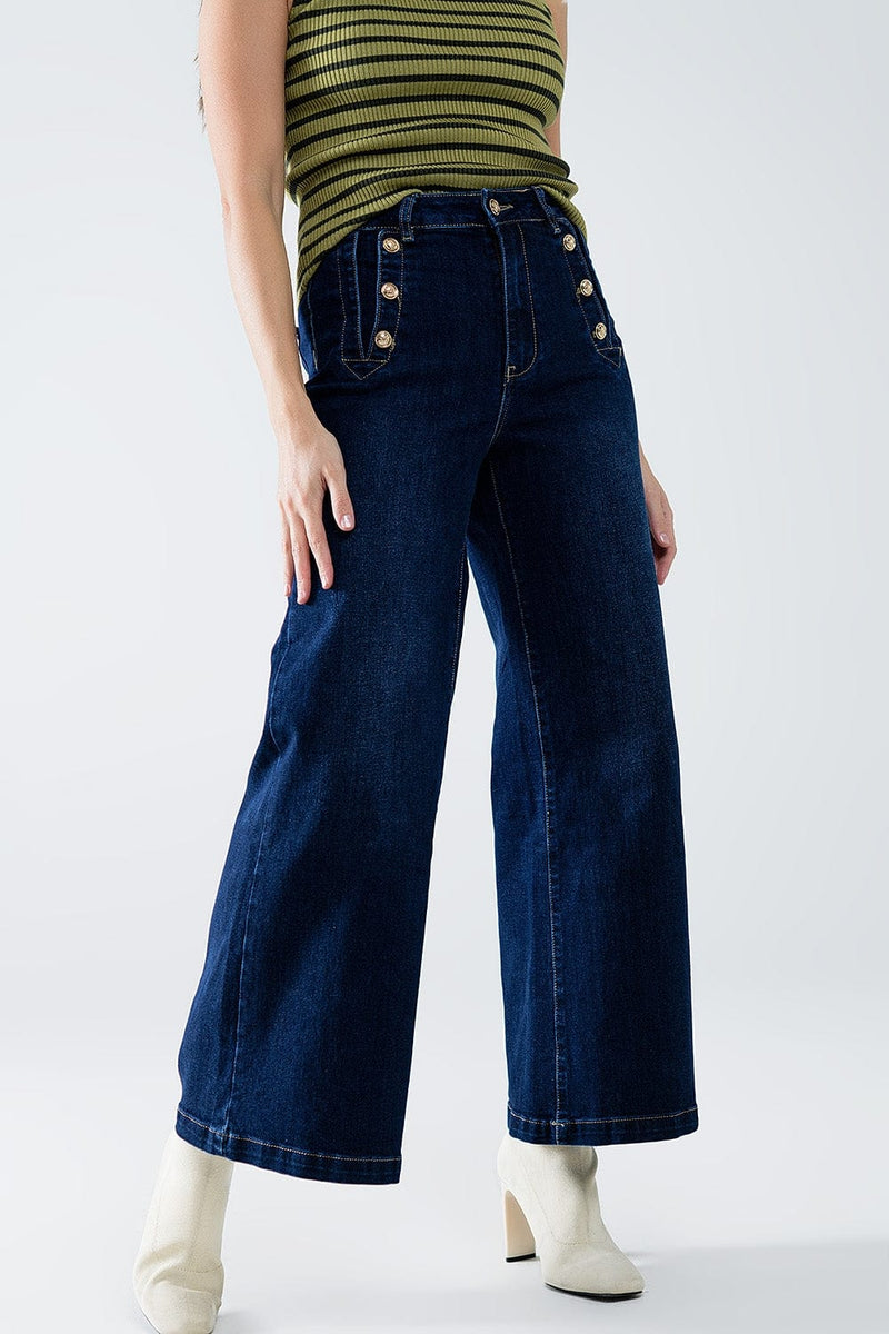 Q2 Women's Jean Marine-Style Wide Leg Jeans With Gold Buttons