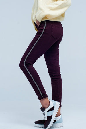 Q2 Women's Jean Maroon skinny jeans with metal side stripe