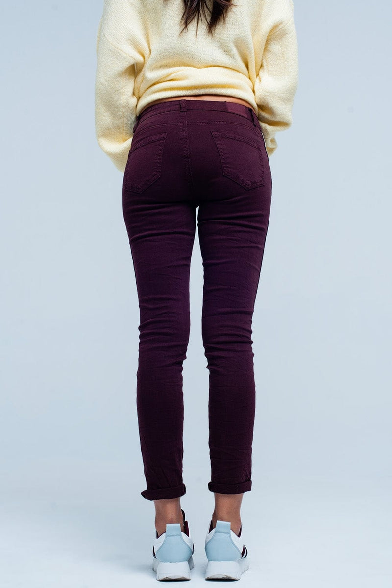 Q2 Women's Jean Maroon skinny jeans with metal side stripe