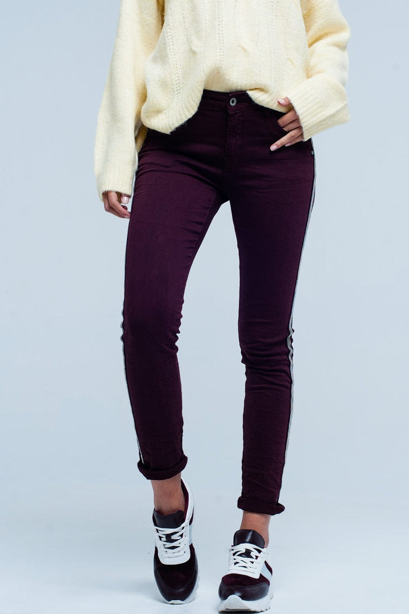 Q2 Women's Jean Maroon skinny jeans with metal side stripe