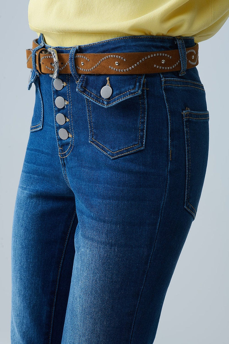 Q2 Women's Jean Medium Wash Flared Jeans With Pockets