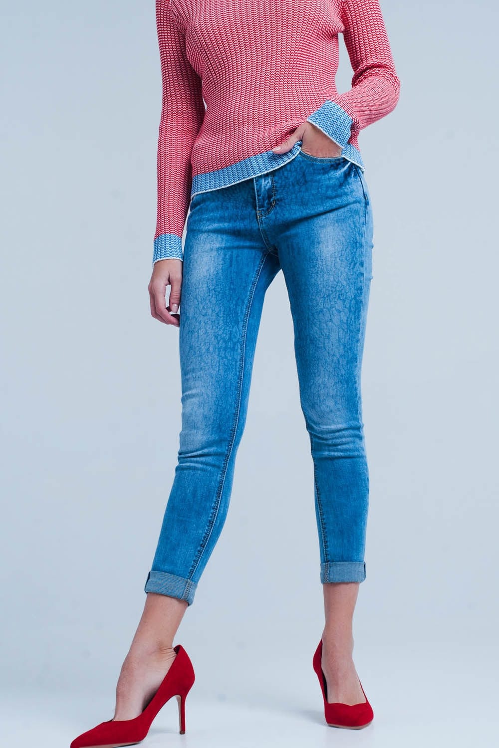 Q2 Women's Jean Medium wash skinny jeans with leopard print