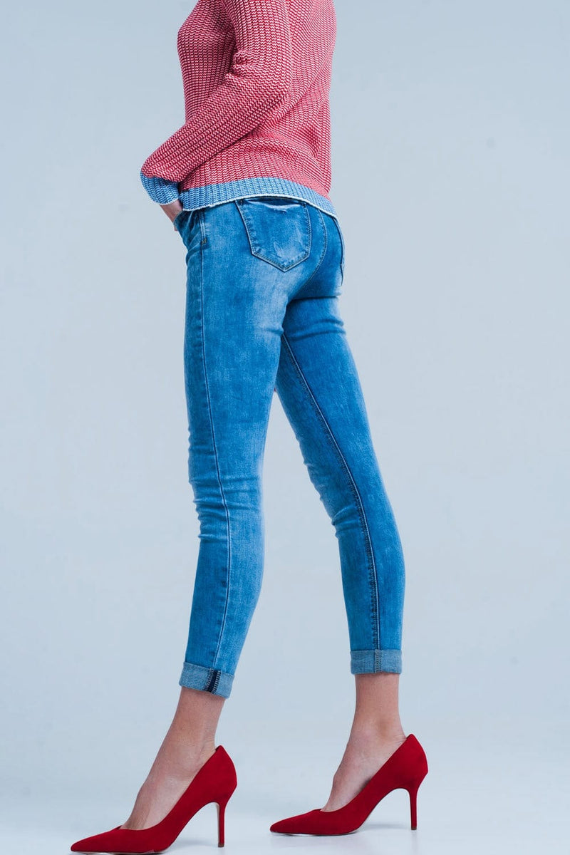 Q2 Women's Jean Medium wash skinny jeans with leopard print