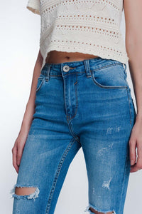 Q2 Women's Jean Mid Denim Super Skinny Jeans with Holes in the Knees