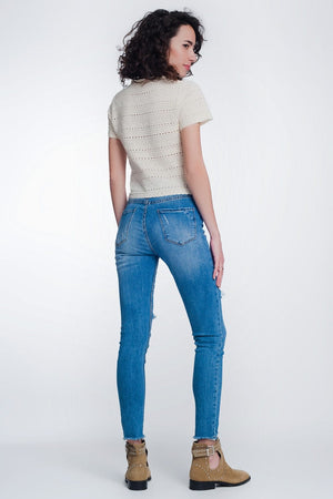 Q2 Women's Jean Mid Denim Super Skinny Jeans with Holes in the Knees