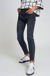 Q2 Women's Jean Mid Rise Jeans in Black with Raw Hem