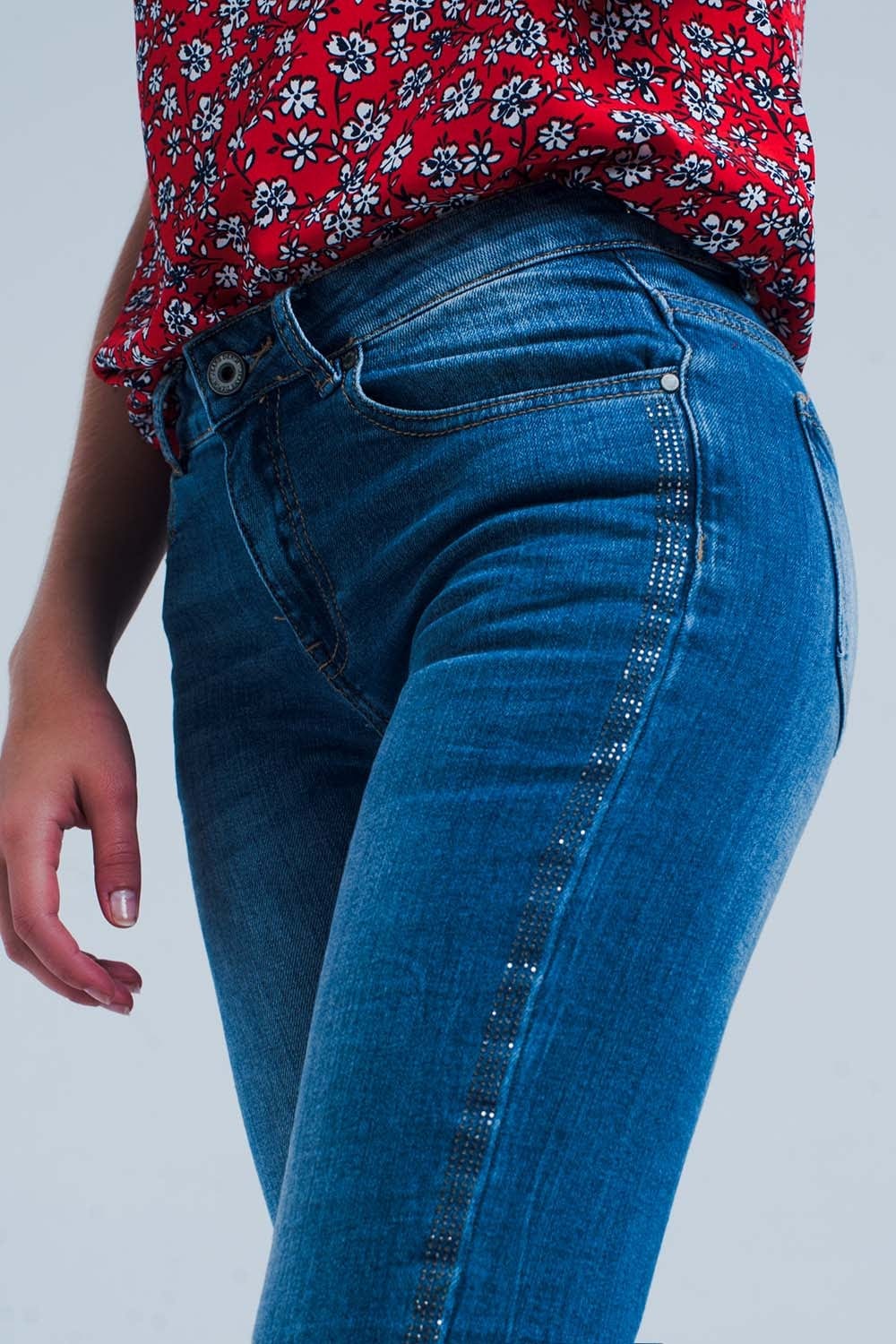 Q2 Women's Jean Mid wash jeans with glitter side stripe
