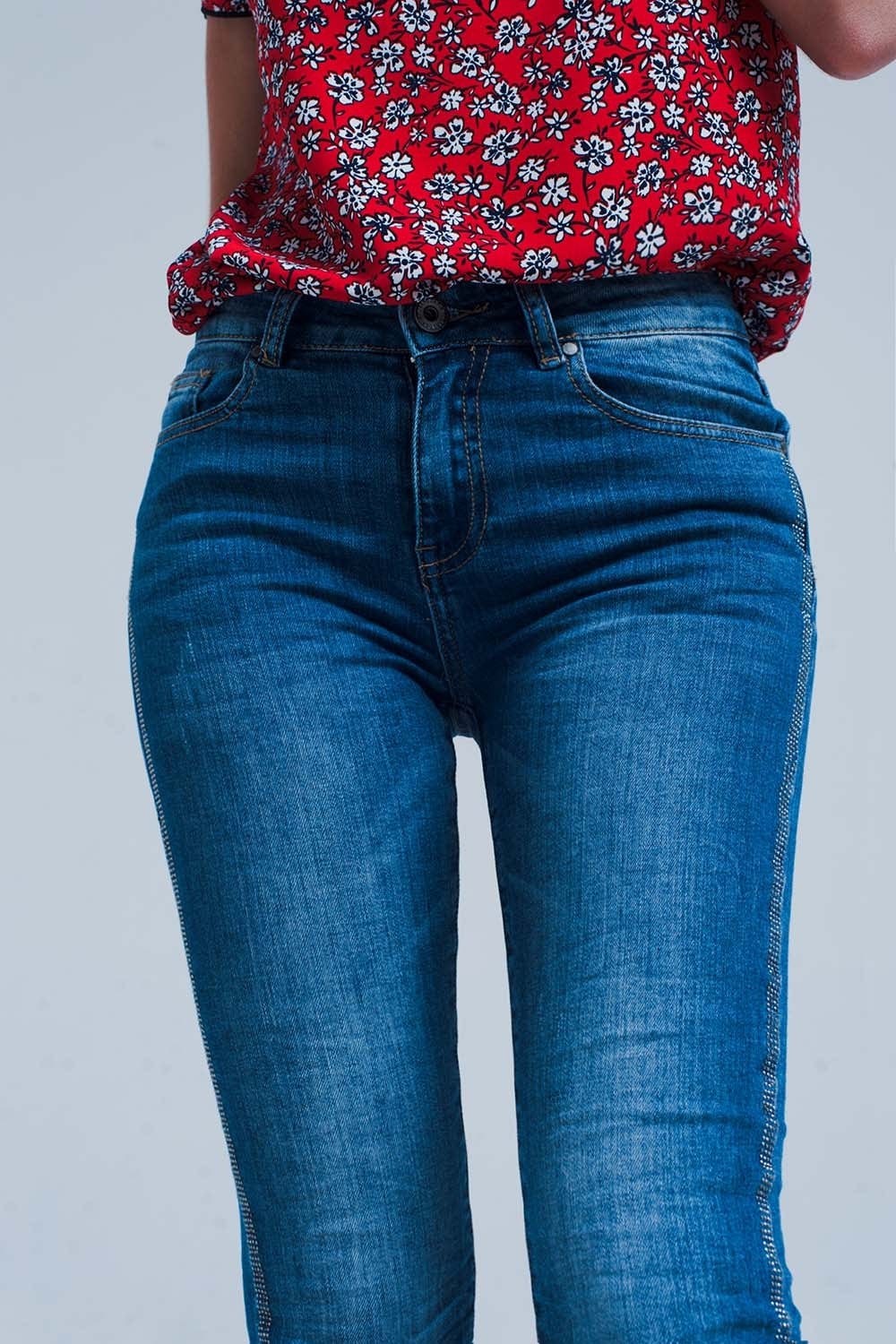Q2 Women's Jean Mid wash jeans with glitter side stripe