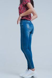 Q2 Women's Jean Mid wash jeans with glitter side stripe