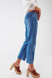 Q2 Women's Jean Mid Wash Straight Jeans With Raw Hem In Blue