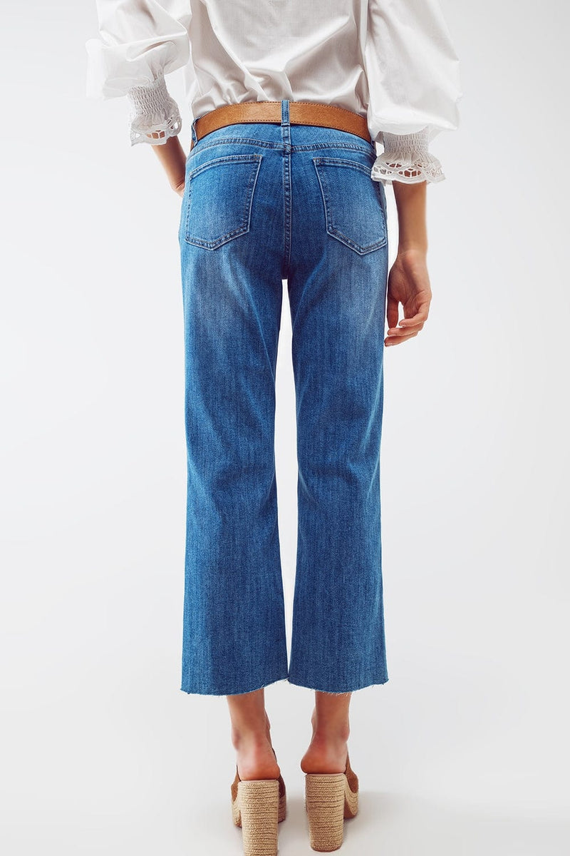 Q2 Women's Jean Mid Wash Straight Jeans With Raw Hem In Blue