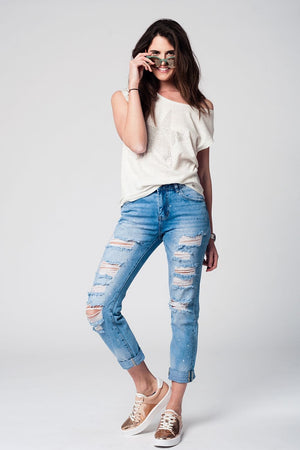 Q2 Women's Jean Mom jeans with extreme rips