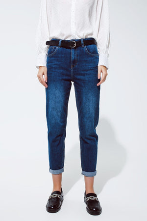 Q2 Women's Jean Mum Jean In Medium Wash With Folded Hem