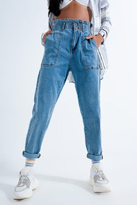 Q2 Women's Jean Paperbag Waist Mom Jeans in Mid Blue