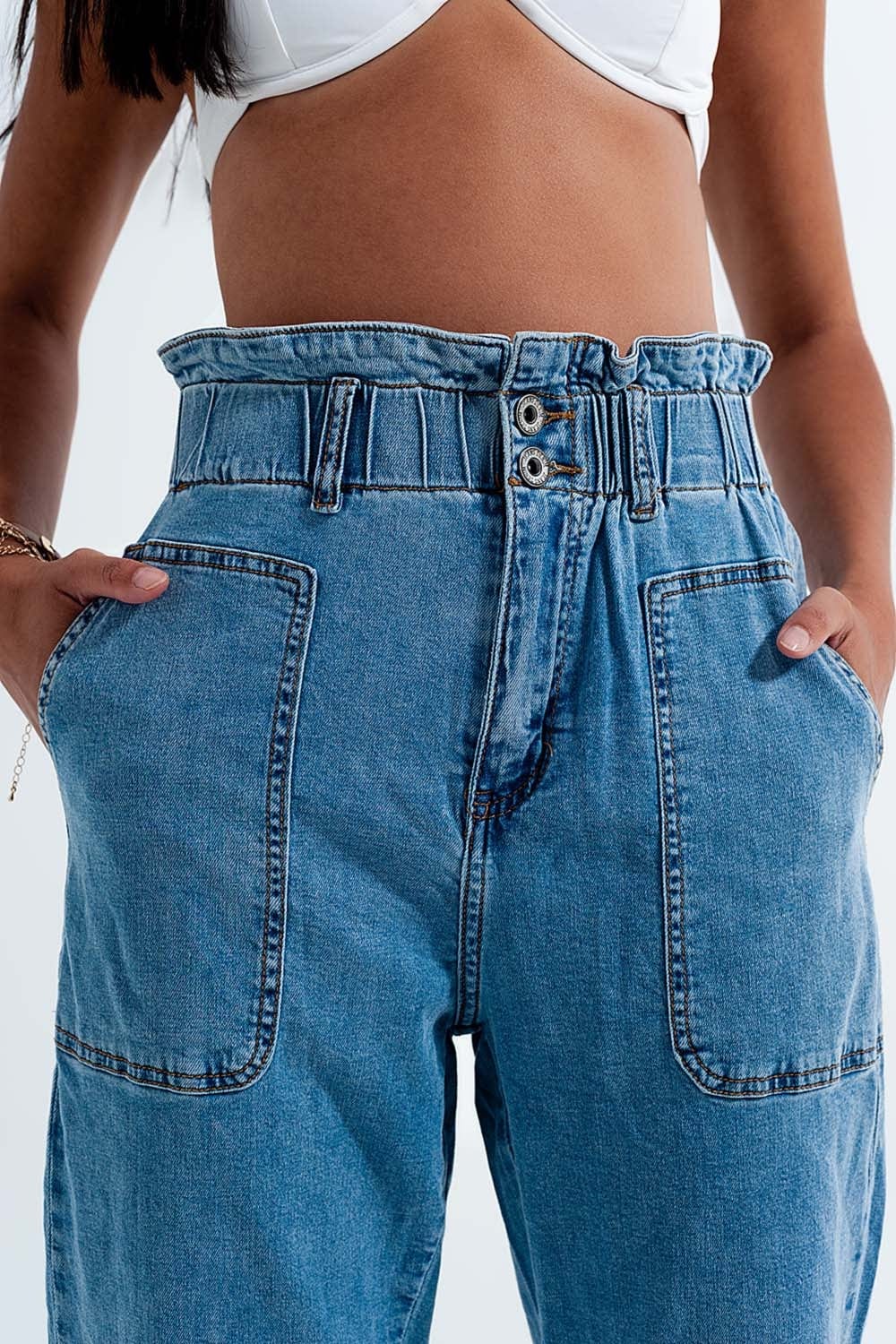 Q2 Women's Jean Paperbag Waist Mom Jeans in Mid Blue