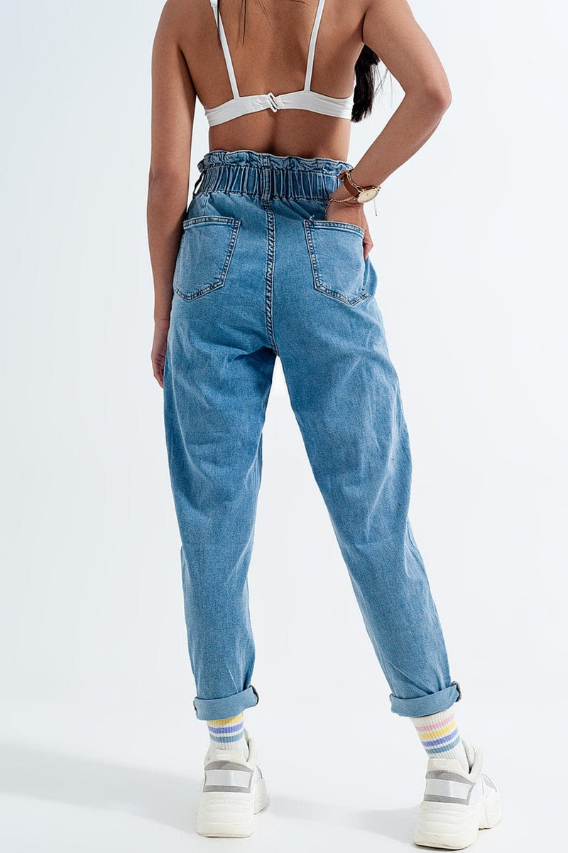 Q2 Women's Jean Paperbag Waist Mom Jeans in Mid Blue