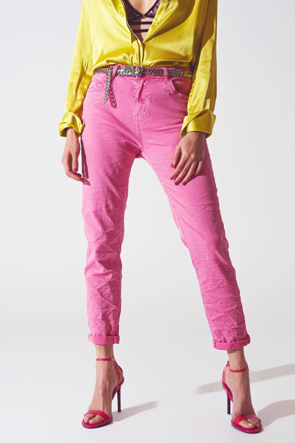 Q2 Women's Jean Pink Wrinkled Skinny Jeans