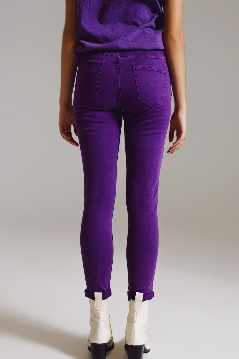 Q2 Women's Jean Purple Ankle Skinny Jeans With Soft Wrinkles