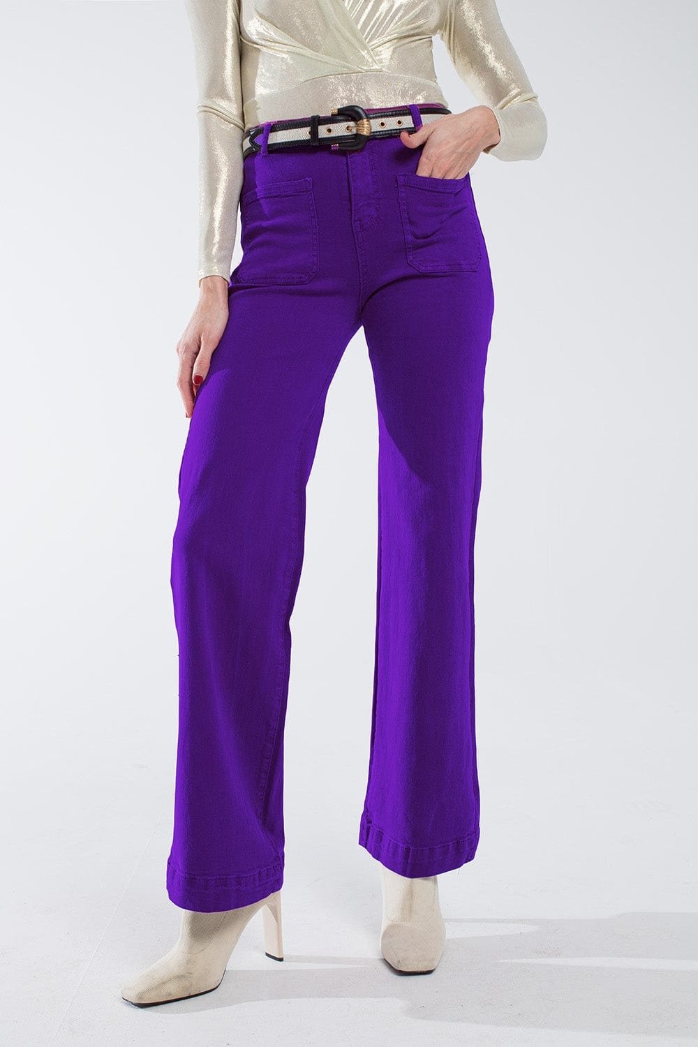 Q2 Women's Jean Purple Flair Jeans With Large Front Pockets